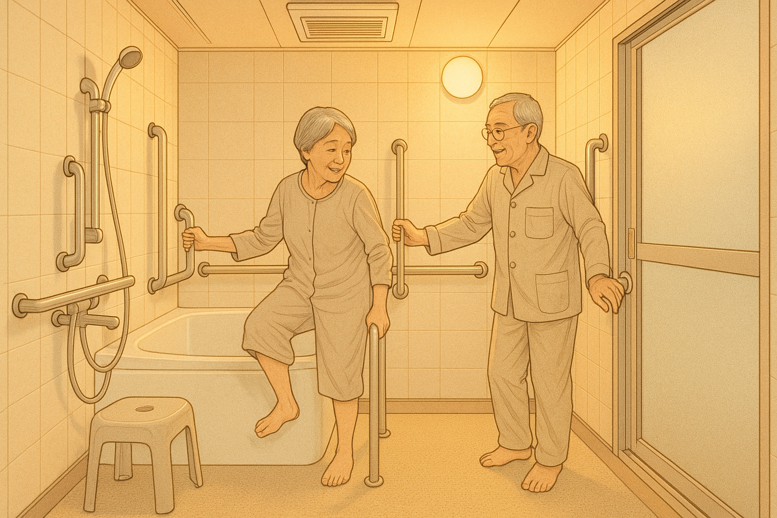 手すり付きのバリアフリー浴室