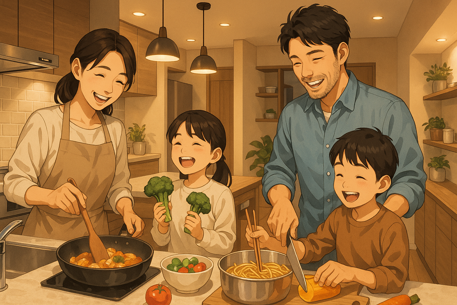 新しいキッチンで料理を楽しむ家族の様子